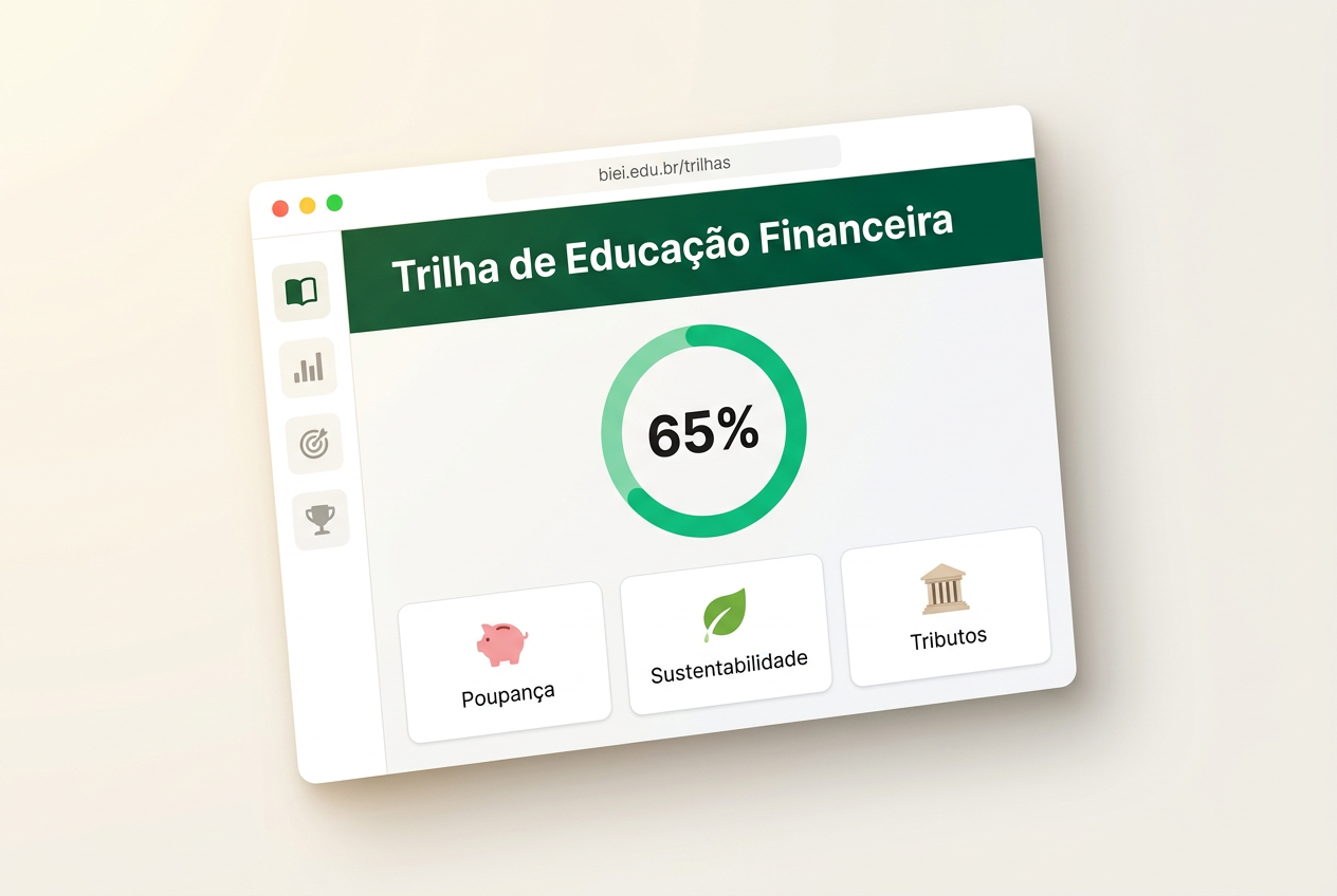 Pré-visualização da plataforma BIEI mostrando uma trilha de educação financeira com 65% de progresso e três módulos: Poupança, Sustentabilidade e Tributos